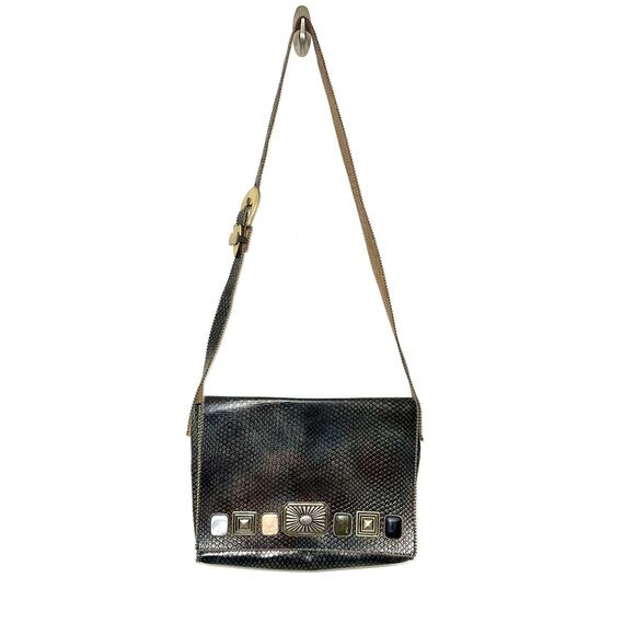 1992 Nina Arjani Leather 12x10" Shoulder Bag Cross Body Metallic Gold Snakeskin - Picture 2 of 16